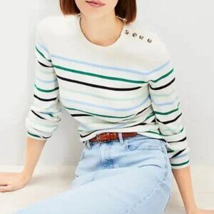 LOFT draped sleeve striped knit sweater with button shoulder - NWT